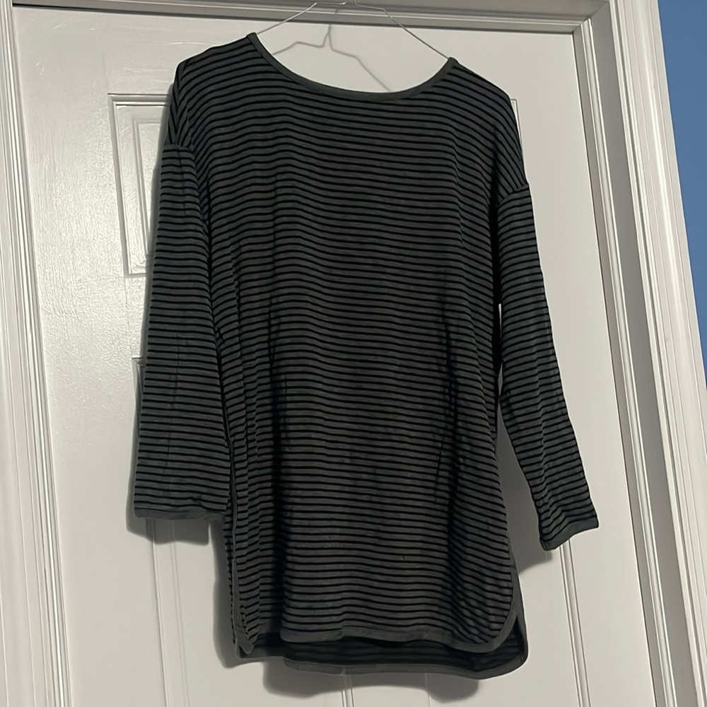 Eileen Fisher women’s petite small gray striped Tencel blend 3/4 sleeve top fall